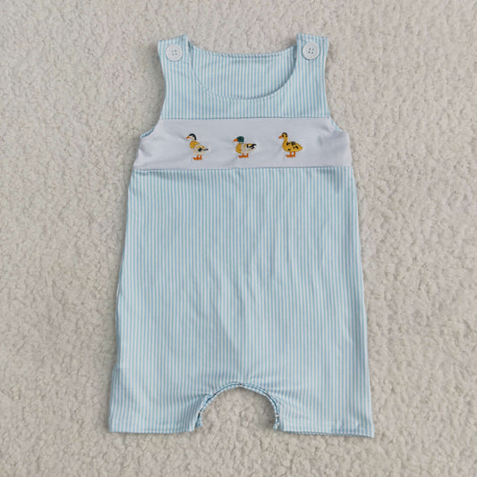 Baby Boy Infant Sleeveless Blue Stripes Embroidery Ducks Romper RTS
