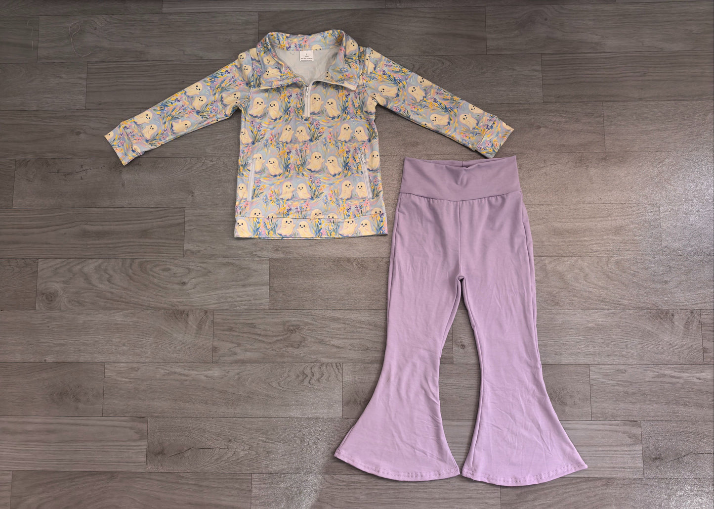( No moq ) Preorder Baby Girls Kids Ghosts Flower Zipper Pockets Tops Purple Pants Set Halloween Clothes
