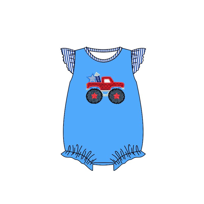 Moq 3 Pre-order SR0757 Baby Girl Tractor July 4th Blue One Piece Romper