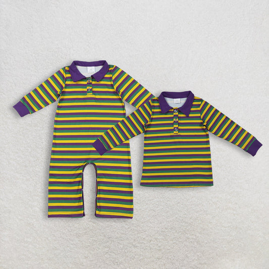 Sibling Baby Boys Kids Long Sleeves Mardi Gras Strips Buttons Romper Pullover Shirt RTS