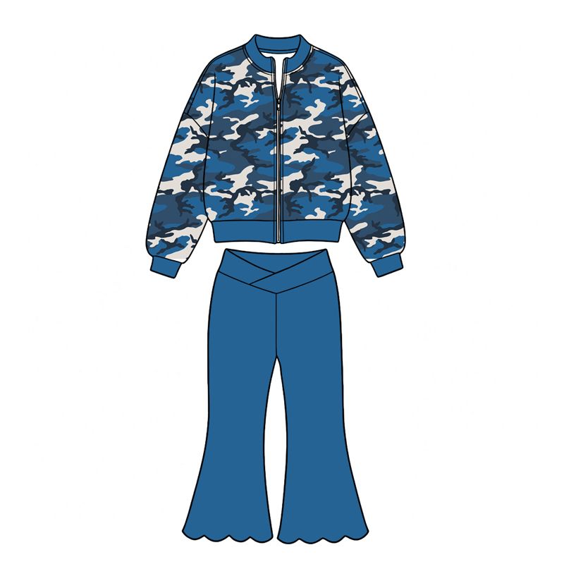 ( Moq 5 ) Preorder Baby Girls Kids Blue Camo Zipper Tops Scallop Pants Hunting Set Yoga Active Clothes