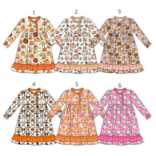 ( Moq 5 Each Style ) Sibling Baby Girls Kids Long Sleeves Pumpkins Ghosts Dresses Fall Clothes