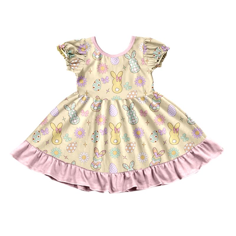 ( Moq 5 ) Preorder Baby Girls Kids Rabbits Bows Eggs Easter Knee Length Dress Clothes
