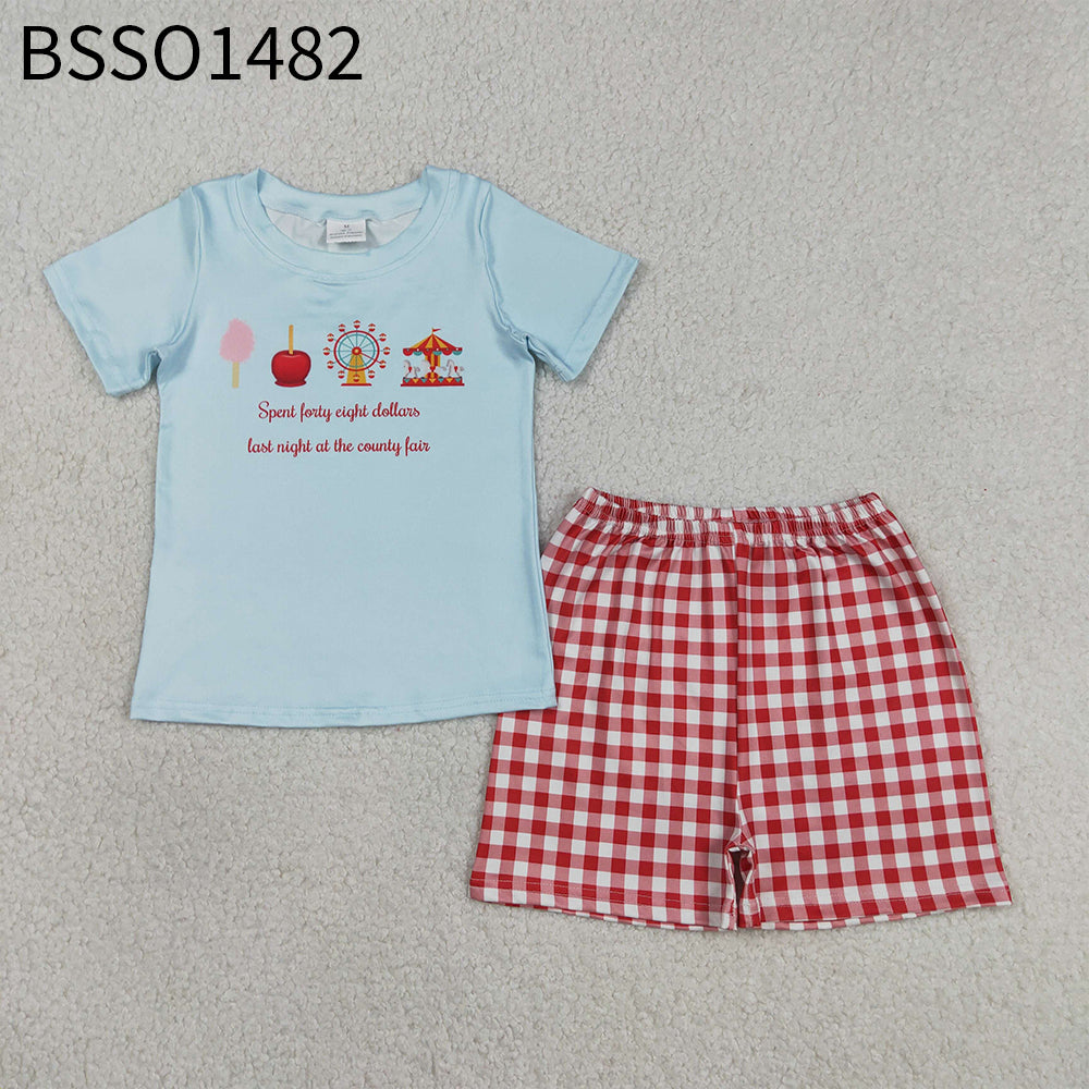Baby Boys Kids Short Sleeves Blue Shirt Red Plaid Shorts Set Clothes RTS