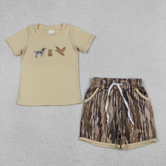 Baby Boys Kids Short Sleeves Embroidery Deer Dogs Duck Shirt Camo Pockets Shorts Set RTS