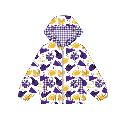 ( Moq 5 ) Baby Girls Kids Bows Cheer Purple Plaid Pockets Team Hoodie Zipper Football Coat Tops