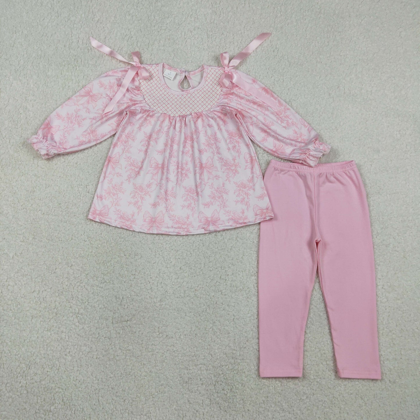 Baby Girls Kids Long Sleeves Embroidery Smocked Flower Bows Tunic Pink Legging Pants Clothes Set