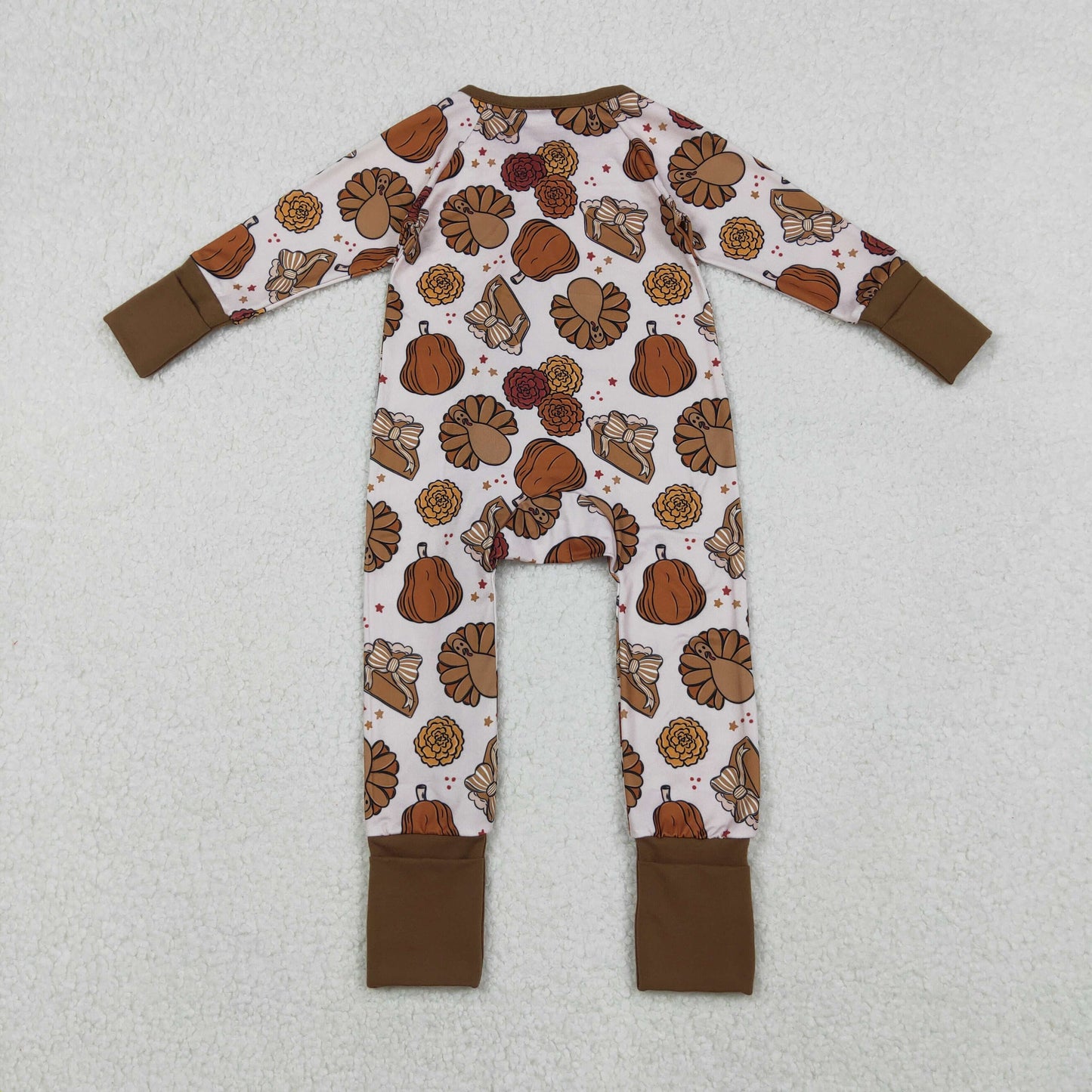 Girls Kids turkey Pumpkin Pie Fall Thanksgiving Zipper Sleeper Romper RTS