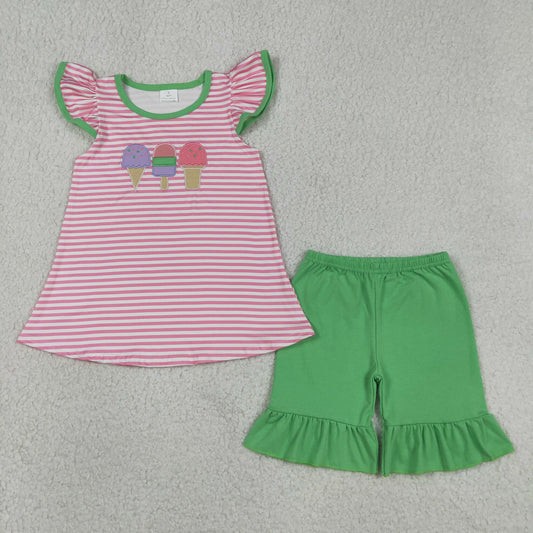 Baby Girl Short Sleeves Embroidery Popsicles Stripes Tunic Green Ruffle Short Set RTS