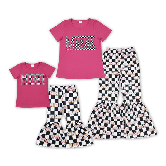 Baby Girl Adult Women MINI & MAMA Pink Shirt Checked Bell Pants Mom and Me Clothes Set