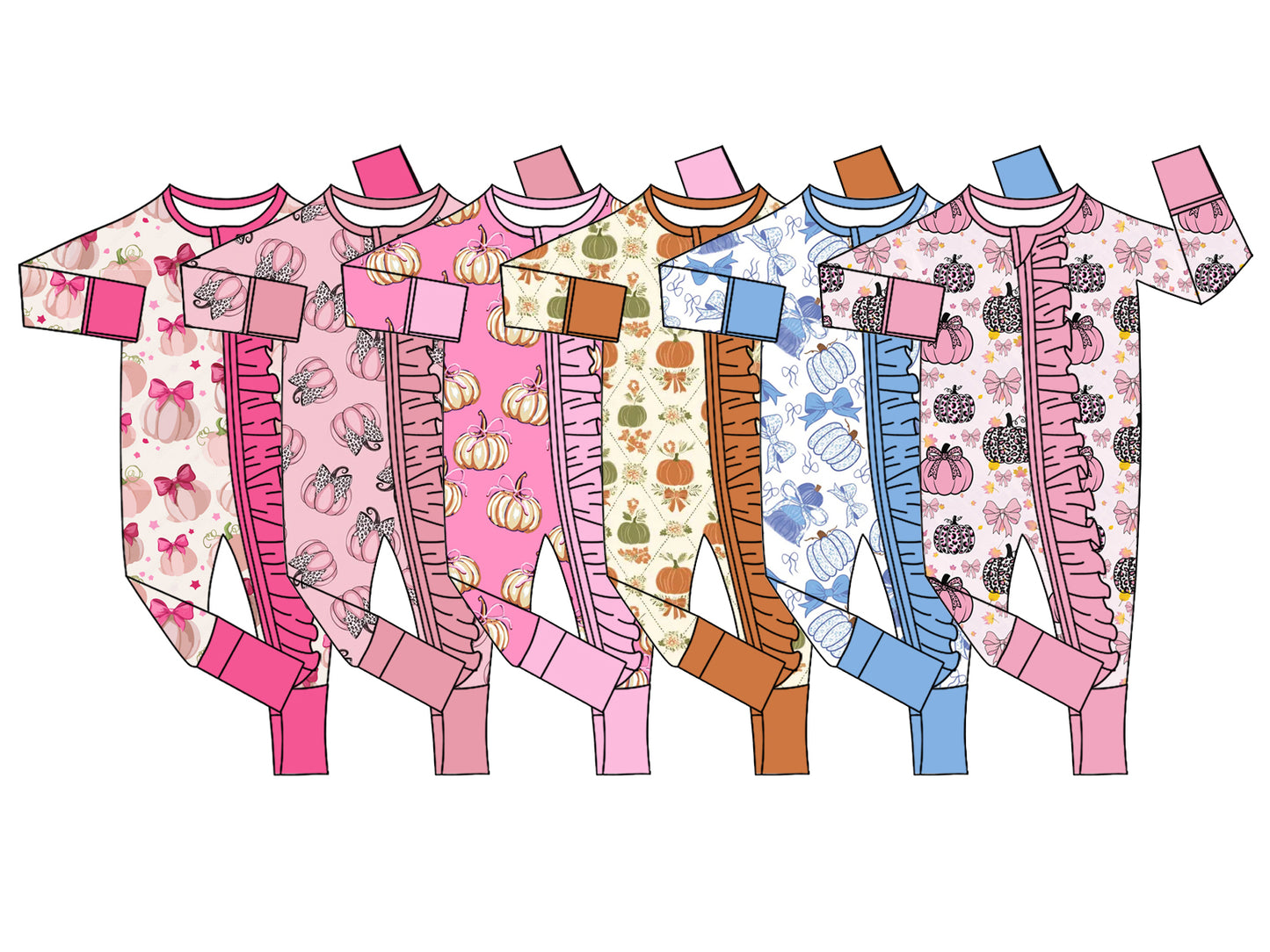 ( Moq 5 Each Style ) Sibling Baby Girls Infant Long Sleeves Pumpkins Bows Footie Sleeper Zipper Rompers Clothes