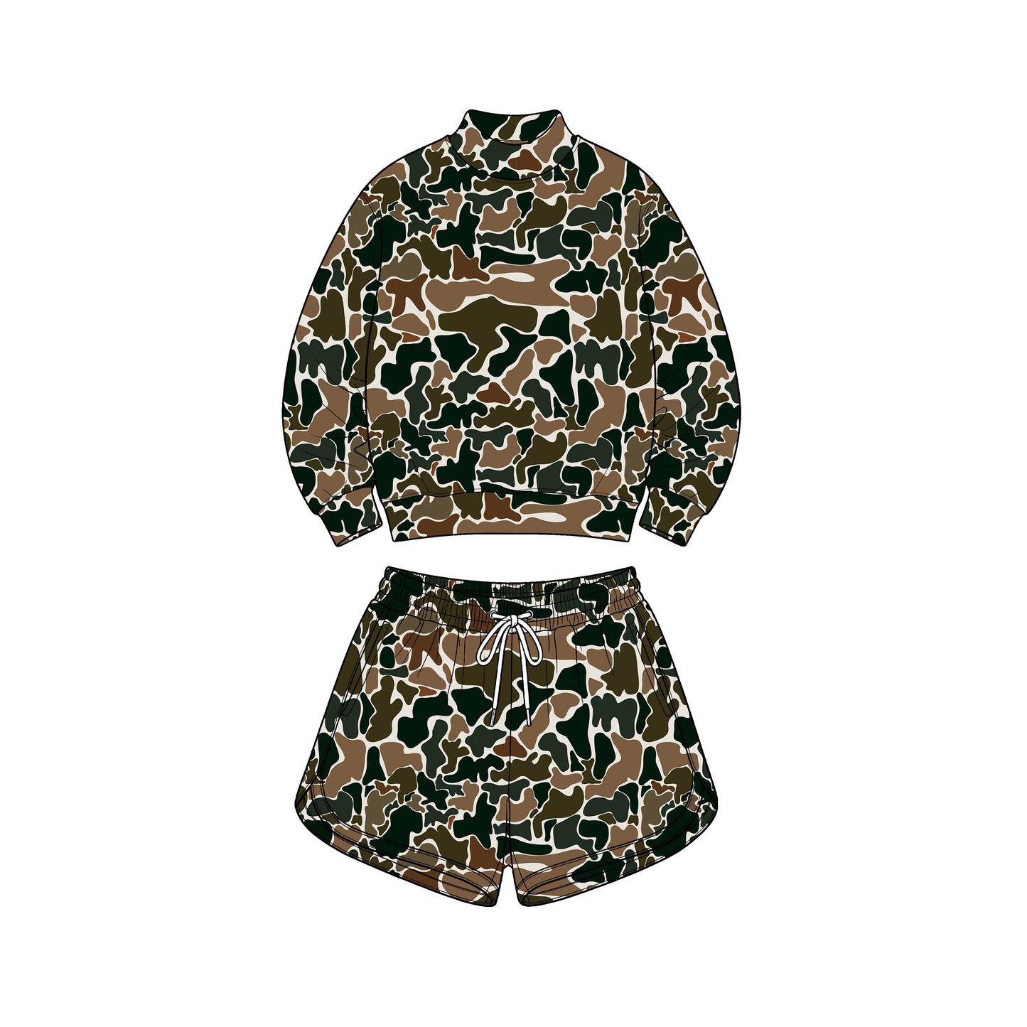 ( No moq ) Preorder Adult Women Long Sleeves Brown Camo Shirt Pockets Shorts Yoga Active Set Clothes