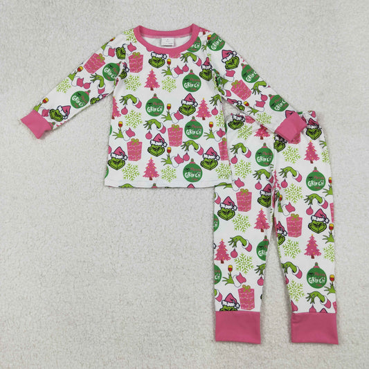 Baby Girl Long Sleeves Green Face Tree Christmas Shirt Pants Pajamas Set RTS