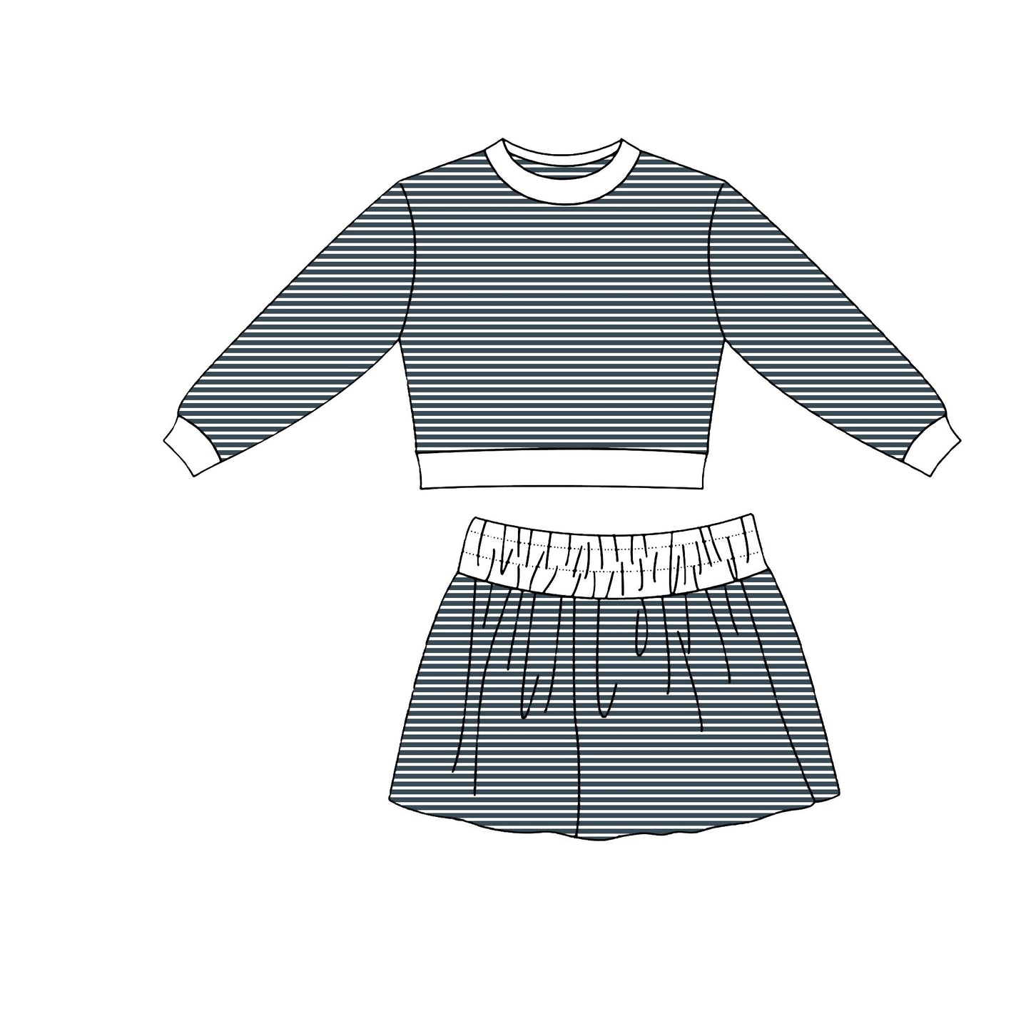 ( Moq 5 ) Preorder Baby Girls Kids Long Sleeves Shirt Skirt Shorts Dark Grey Stripes Set Yoga Clothes