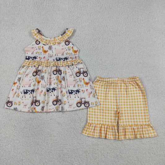 Baby Girls Kids Farm Animals Flower Ruffle Tunic Plaid Shorts Summer Clothes Set RTS