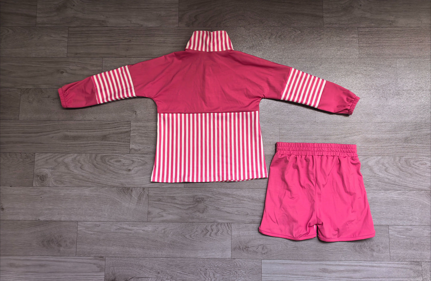 ( No moq ) Preorder Baby Girls Kids Pink Stripes Zipper Pullover Shorts Yoga Active Set Clothes