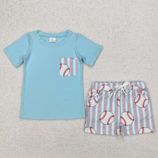 Baby Boy Kids Toddler Pocket Blue Shirt Baseball Stripes Shorts Clothes Set RTS