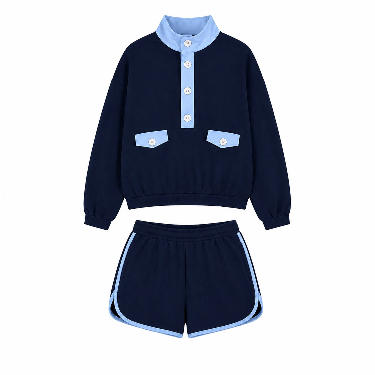 ( Moq 5 ) Preorder Adult Women Long Sleeves Pockets Buttons Shirt Cotton Shorts Navy Set