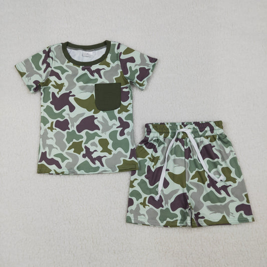 Baby Boys Short Sleeves Pocket Shirt Ducks Green Camo Shorts Clothes Set RTS