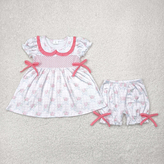 Baby Girl Short Sleeves Floral Bows Embroidery Plaid Tunic Ruffle Short Clothes Set RTS