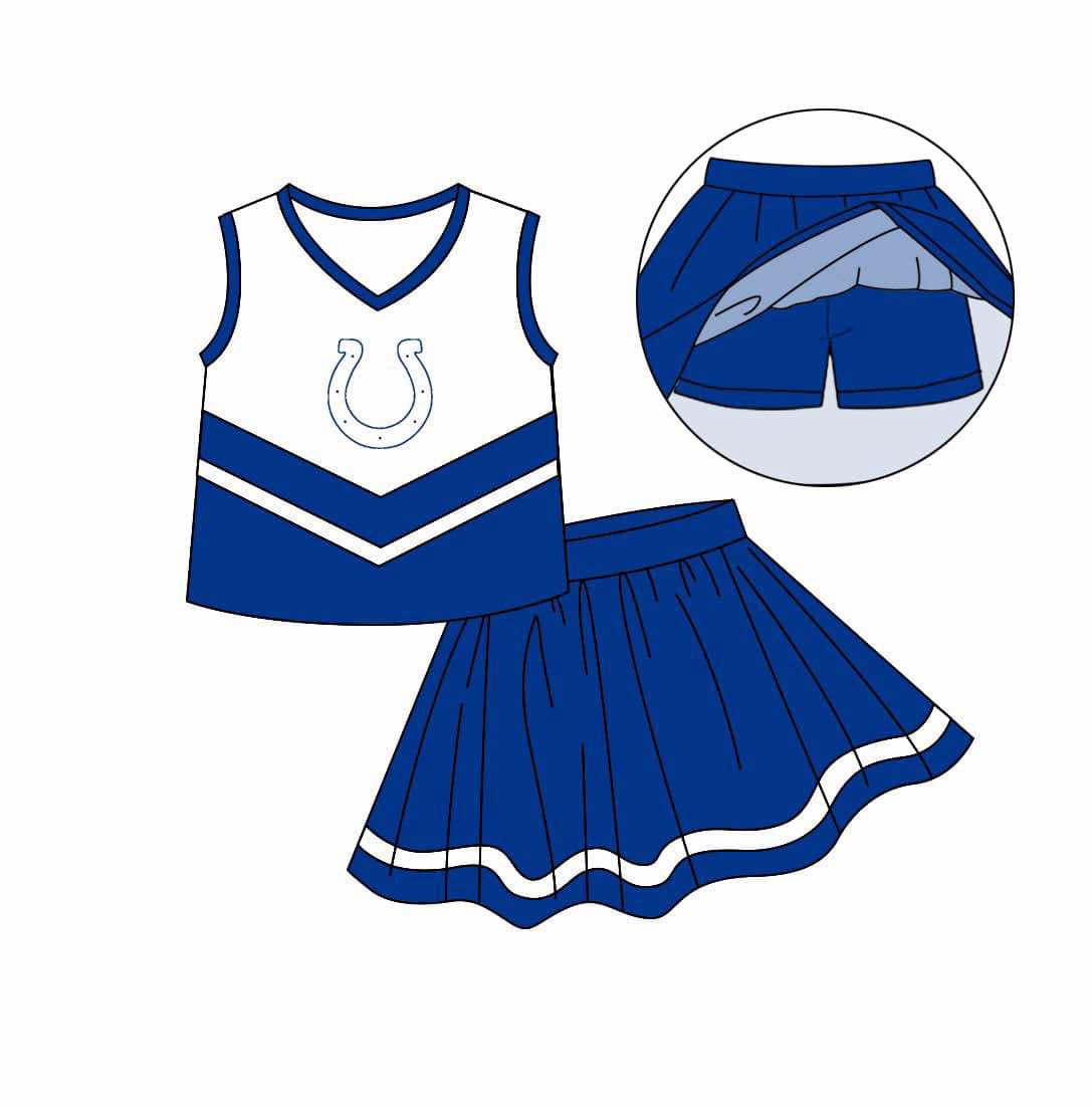 Baby Girl Kids Toddler Sleeveless Shirt Blue Skirt Shorts Skort Clothes Team Cheer Set ( Moq 5 )