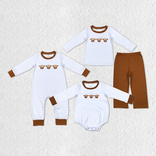 Sibling Baby Boys Kids Long Sleeves Embroidery Cows Stripes Western Romper Set RTS