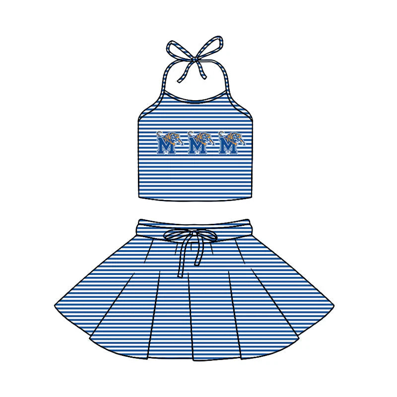 ( Moq 5 ) Baby Girls Kids Halter Tiger Shirt Blue Stripes Shorts Skirt Team Clothes Set