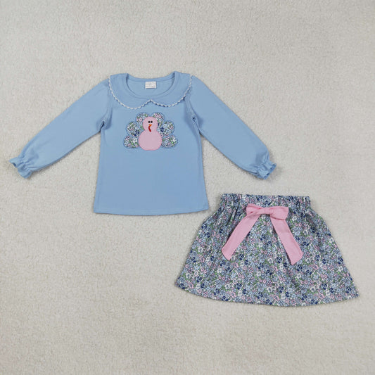 Baby Girl Blue Long Sleeves Embroidery turkey Shirt Floral Skirt Thanksgiving Fall Set RTS