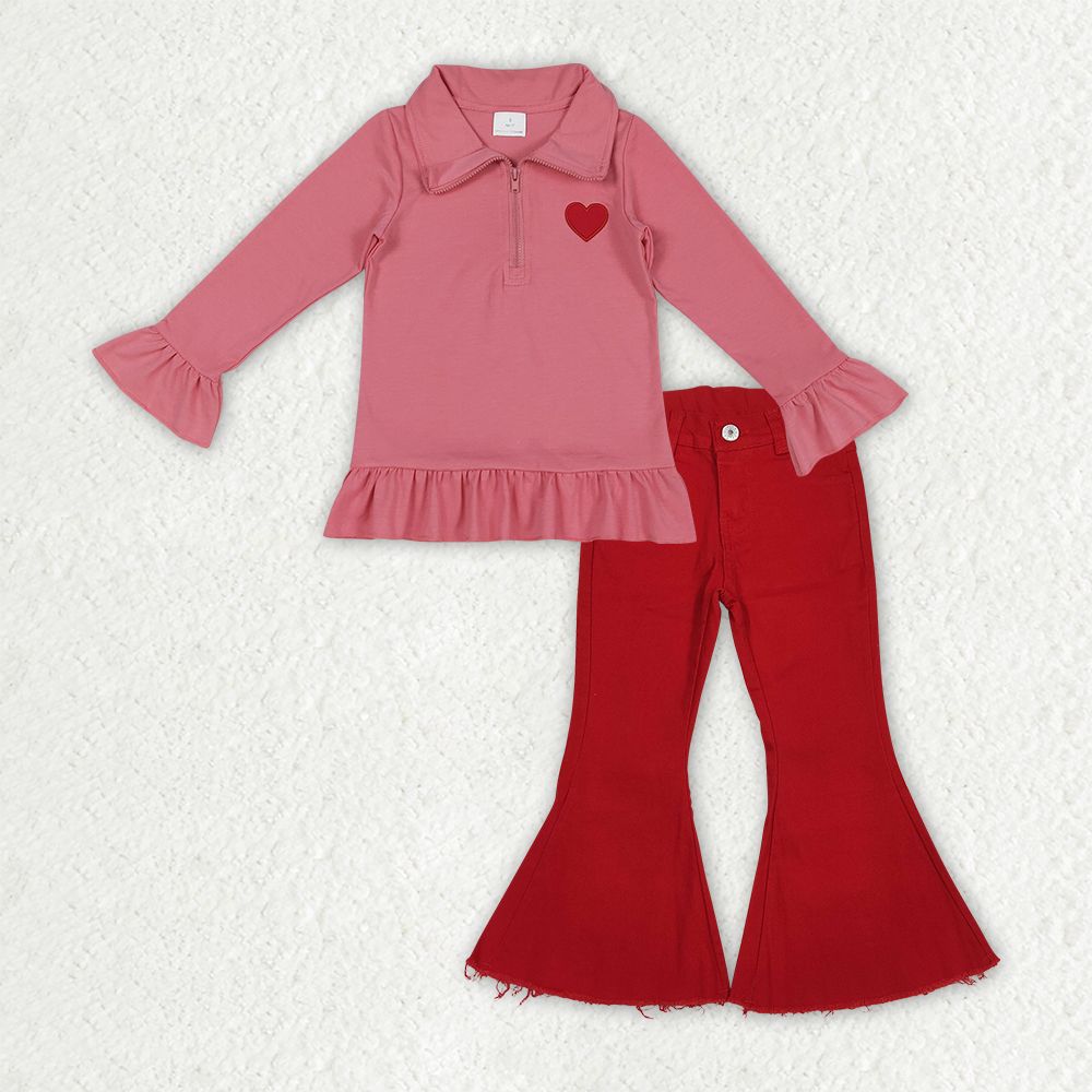 Baby Girls Long Sleeves Embroidery Heart Zipper Shirt Red Denim Pants Valentines Clothes Set RTS