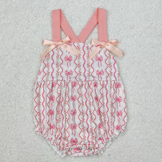 Baby Girl Straps Flower Bows Bubble Pink Romper RTS