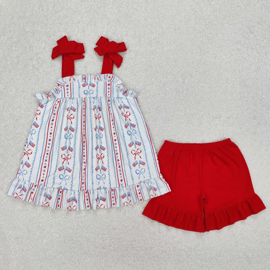 Baby Girl July 4th Flag Bow Tunic Red Ruffle Shorts Clothes Set RTS