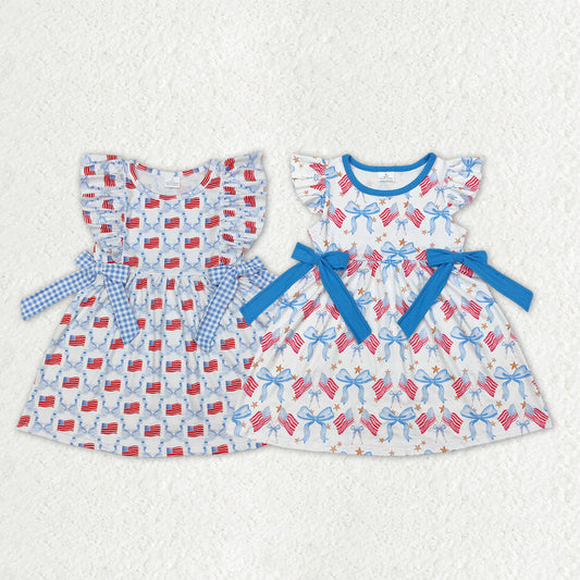 Sibling Baby Girls Short Sleeves Flags Stars Bows 4th of July Knee Length Dresses RTS