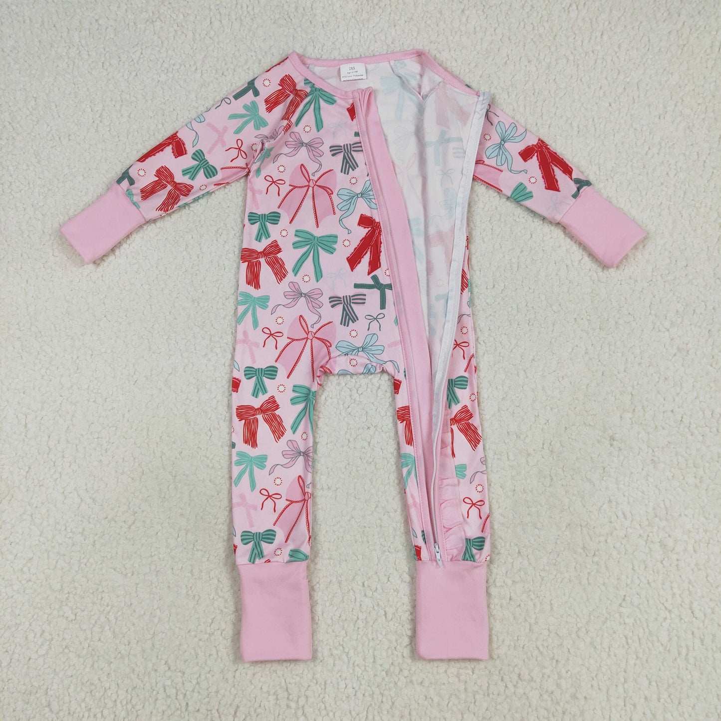 Baby Girl Long Sleeves Colorful Bows Ruffle Zipper Christmas Romper RTS