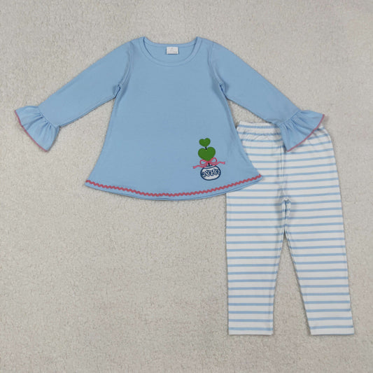 Baby Girl Long Sleeves Embroidery Hearts Bow Blue Tunic Stripes Pants Clothes Set RTS
