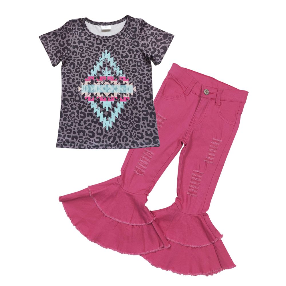 GSPO0825 Baby Girl Aztec Leopard Shirt Pink Denim Pants Jeans Outfit
