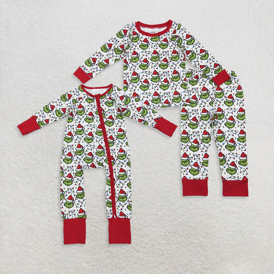 Sibling Boys Kids Long Sleeves Green Faces Lights Christmas Zipper Romper Pajamas Set RTS