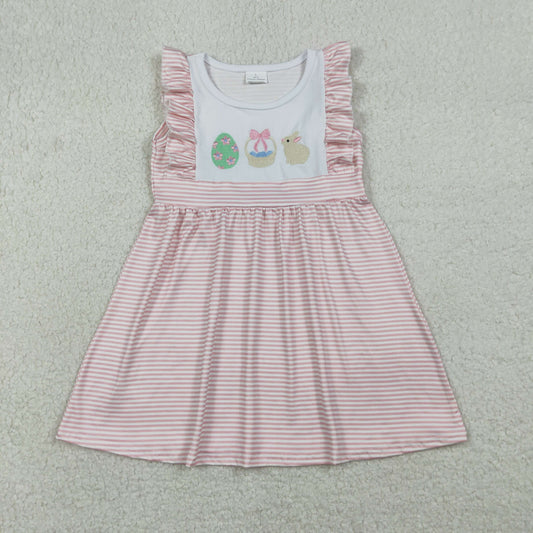 Baby Girls Short Sleeves Embroidery Rabbits Eggs Easter Pink Stripes Knee Length Dress RTS