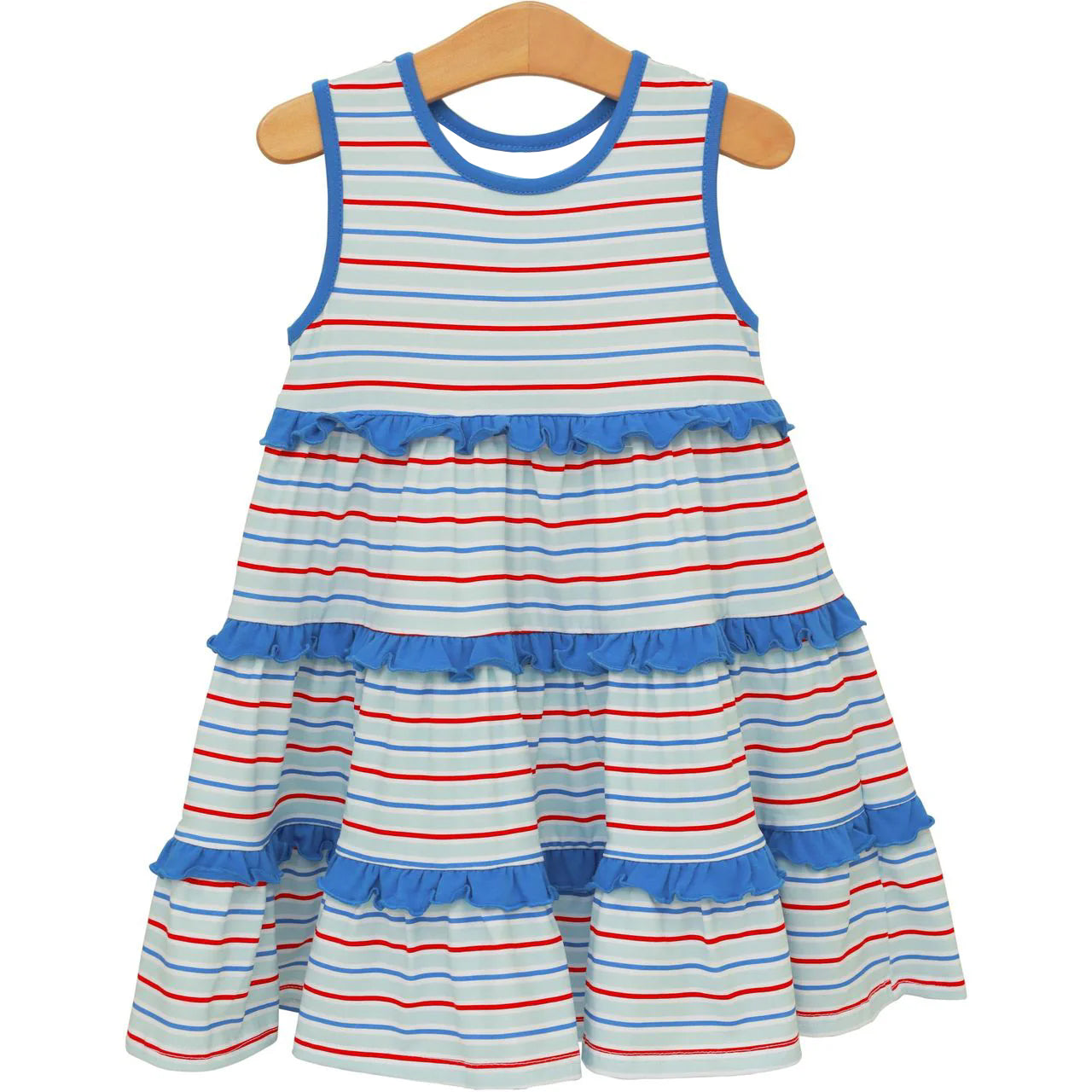 ( Moq 5 ) Preorder Baby Girls Kids Red Blue Stripes 4th of July Ruffle Knee Length Dress