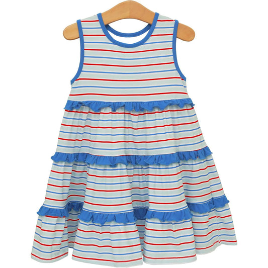 ( Moq 5 ) Preorder Baby Girls Kids Red Blue Stripes 4th of July Ruffle Knee Length Dress