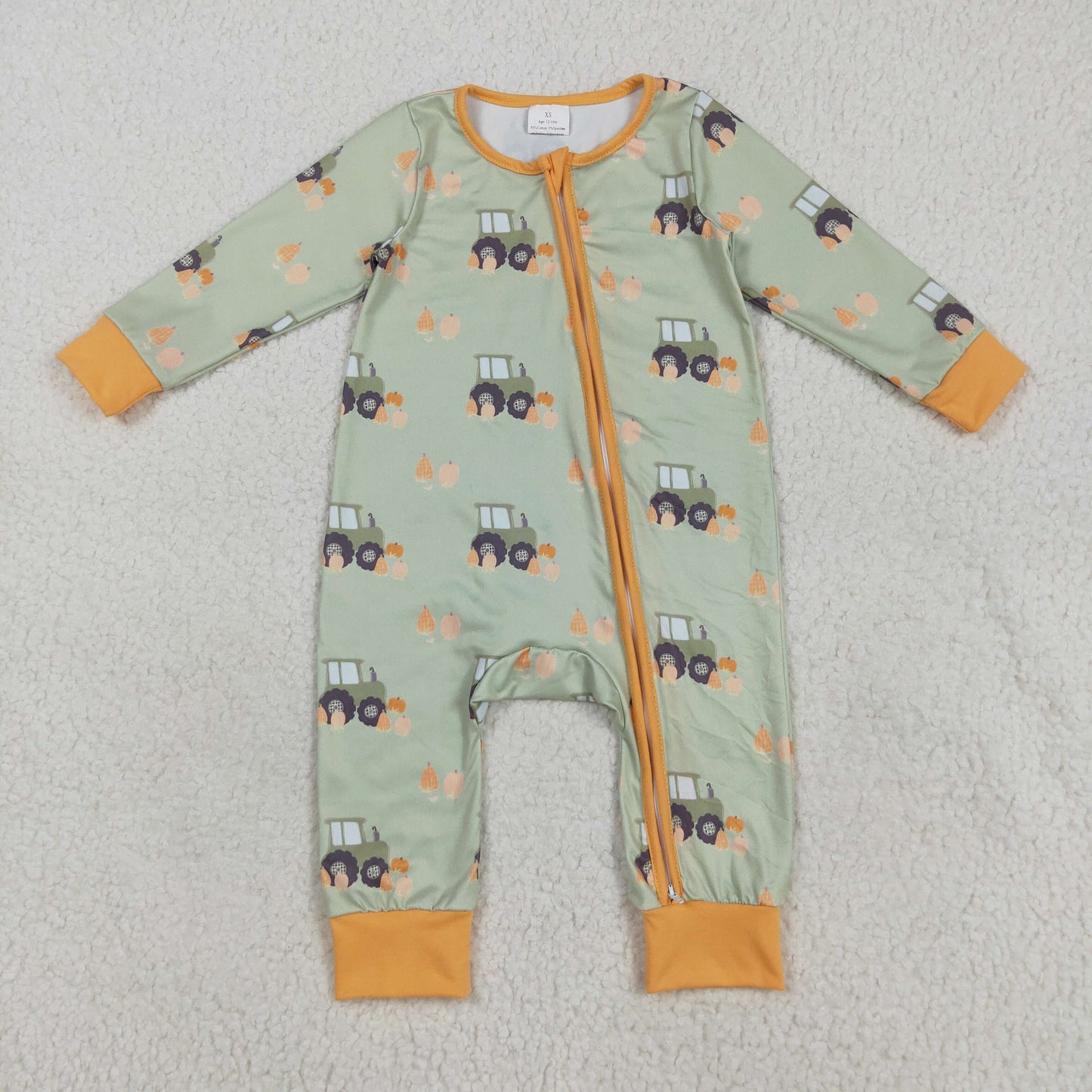 Baby Boy Long Sleeves Pumpkins Tractors Zipper Fall Romper RTS
