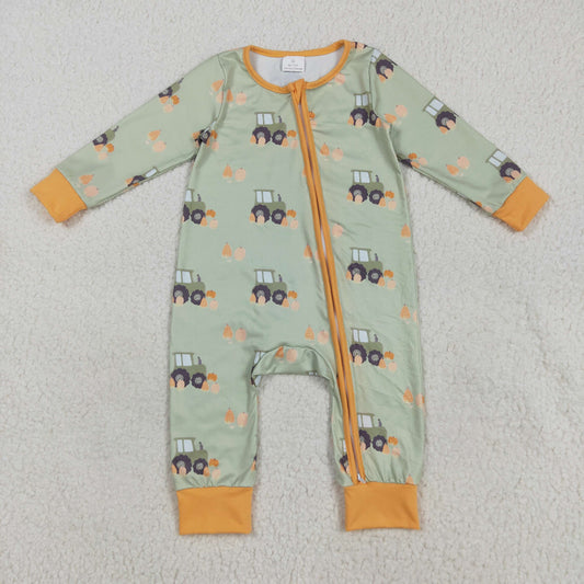 Baby Boy Long Sleeves Pumpkins Tractors Zipper Fall Romper RTS
