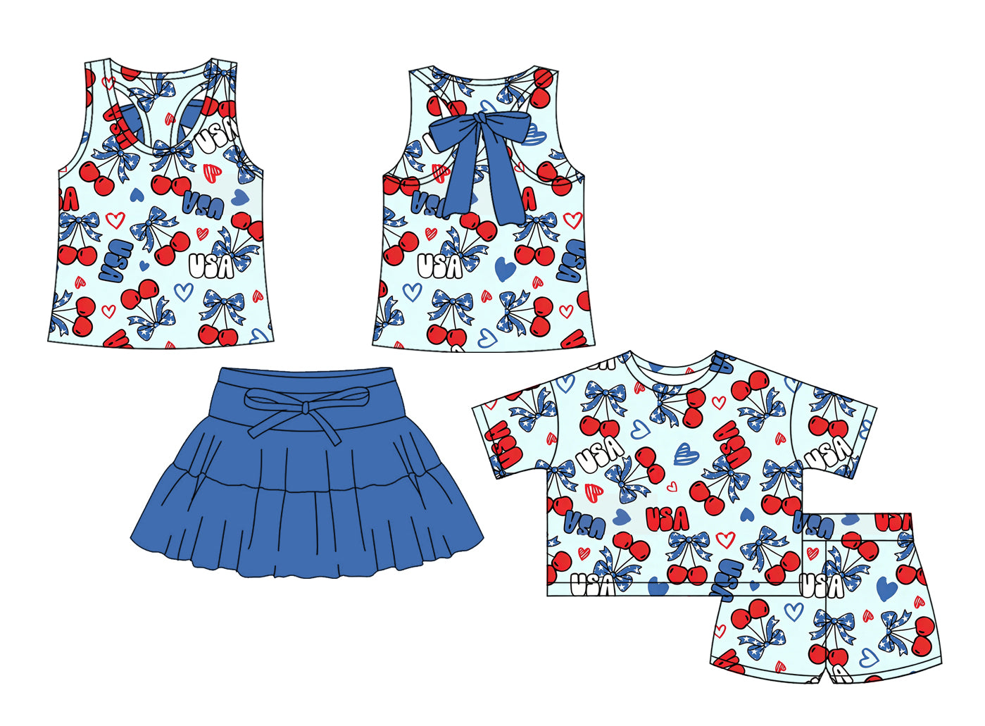 ( Moq 5 Each Style ) Baby Girls Toddler Hearts Bows Cherry Sibling 4th of July Sets