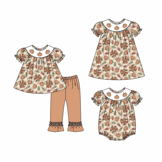 Baby Girl Short Sleeves turkey Pumpkins Thanksgiving Sibling Romper Dress Set ( Moq 5 Each Style )