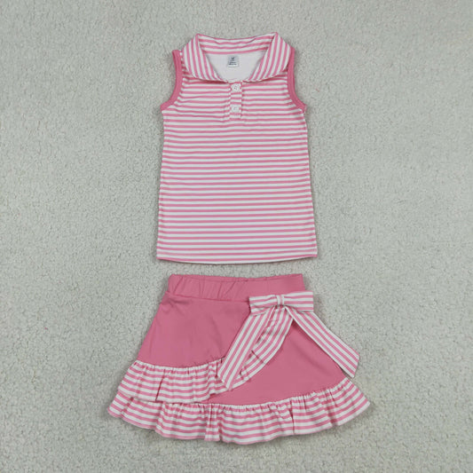 Baby Girls Pink Stripes Tops Ruffle Bow Skirt Shorts Yoga Fabric Clothes Set RTS