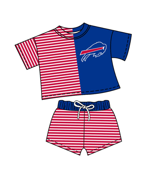 ( Moq 5 ) Baby Girls Short Sleeves Red Stripes Bull Shirt Shorts Team Clothes Set