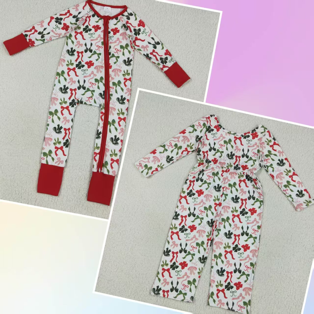 Baby Girl Toddler Long Sleeves Christmas Bows Sibling Zipper Romper Pockets Set RTS