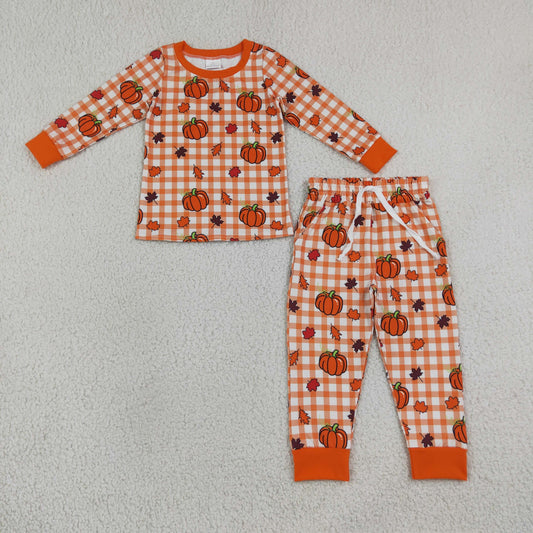 Baby Boys Kids Long Sleeves Pumpkins Orange Plaid Shirt Pockets Pants Set Fall Clothes RTS