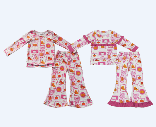 Sibling Baby Girls Kids Long Sleeves Pumpkins Bows Shirts Bell Pants Fall Sets Clothes RTS