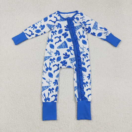 Baby Girl Long Sleeves Football Bows Team Cheer Blue Zipper Romper RTS