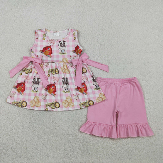 Baby Girls Sleeveless Farm Animals Plaid Tunic Pink Shorts Clothes Set RTS